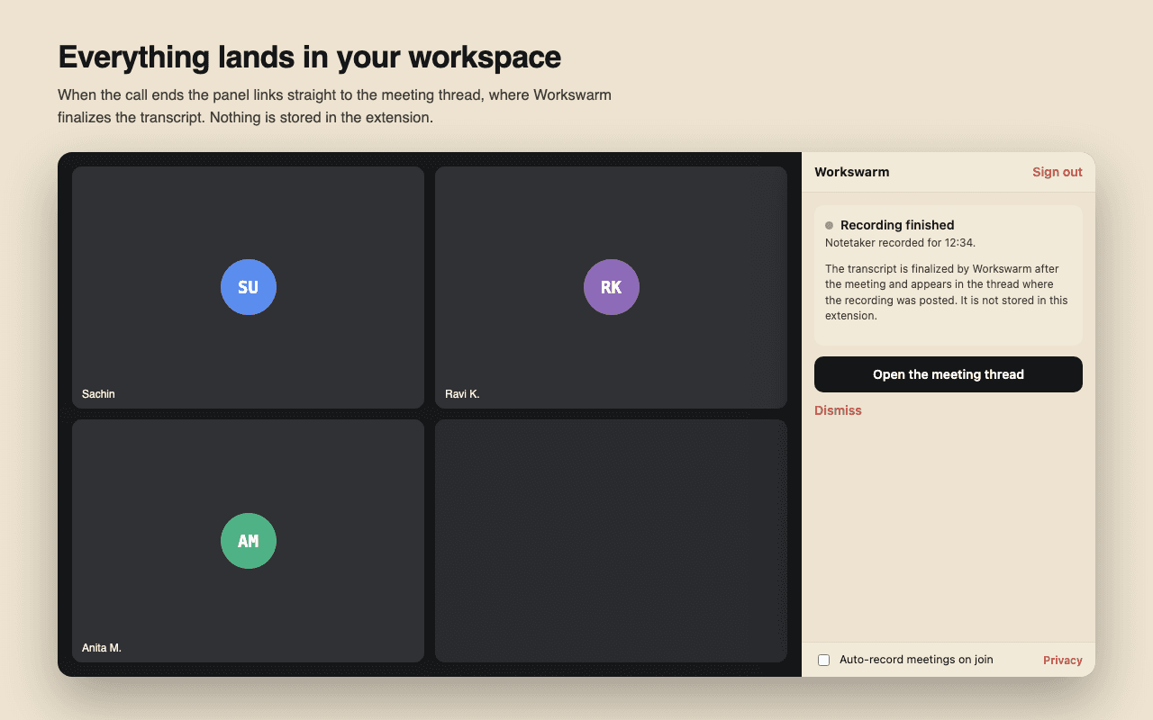 The WorkSwarm side panel after a call, showing Recording finished and a button that opens the meeting thread