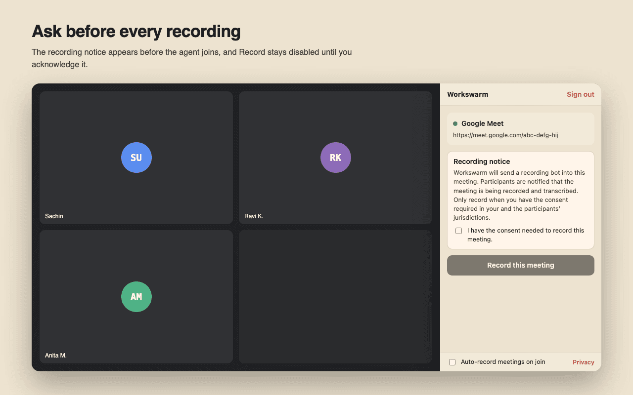 The WorkSwarm side panel showing the recording notice, a consent checkbox, and a disabled Record this meeting button